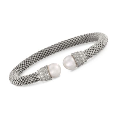Italian 10mm Pearl Beaded Cuff With Diamonds in Sterling. 8" &mdash; Alt Image 1