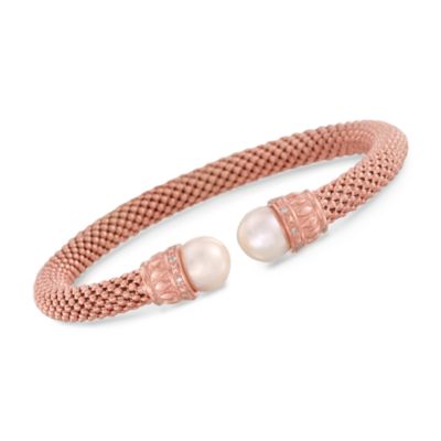 Italian 10mm Pearl Beaded Cuff With Diamonds in 18kt Rose Gold Over Sterling. 8" &mdash; Alt Image 1