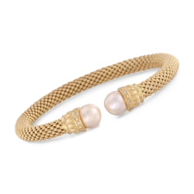 Italian 10mm Pearl Beaded Cuff With Diamonds in 18kt Yellow Gold Over Sterling. 8" &mdash; Alt Image 1