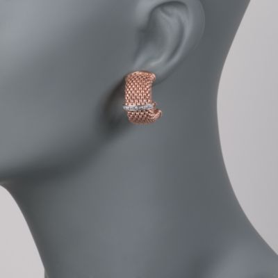 Italian Diamond-Trimmed Beaded Mesh Hoops in 18kt Over Sterling &mdash; Alt Image 2