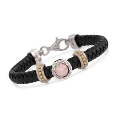 Italian Braided Black Leather and Cabochon Rose Quartz Bracelet in 24kt Over Sterling &mdash; Alt Image 1