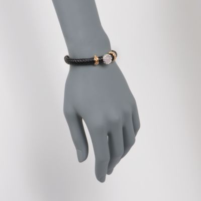 Italian Braided Black Leather and Cabochon Rose Quartz Bracelet in 24kt Over Sterling &mdash; Alt Image 2