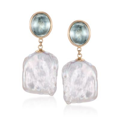 14.00 ct. t.w. Cabochon Blue Topaz and Baroque Coin Pearl Earrings in 14kt Yellow Gold &mdash; Alt Image 1