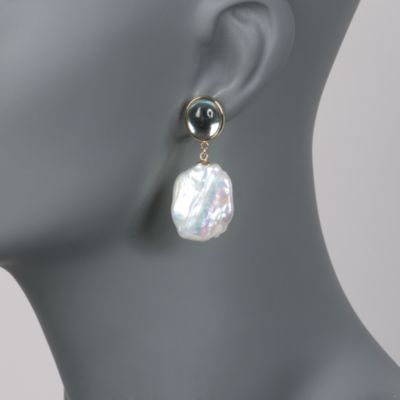 14.00 ct. t.w. Cabochon Blue Topaz and Baroque Coin Pearl Earrings in 14kt Yellow Gold &mdash; Alt Image 2