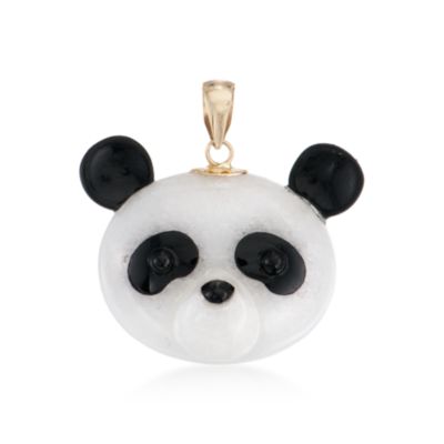 Jade and Black Agate Panda Pendant in 14kt Yellow Gold &mdash; Alt Image 1