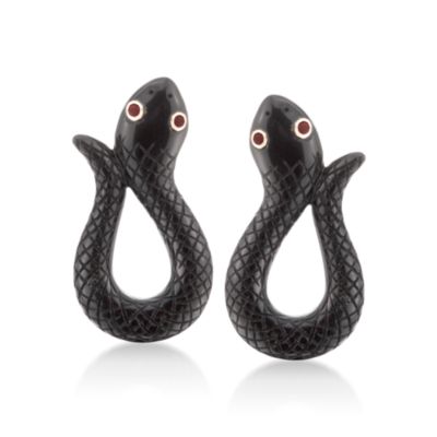 Black Jade Snake Earrings With .10 ct. t.w. Garnets in 14kt Yellow Gold &mdash; Alt Image 1