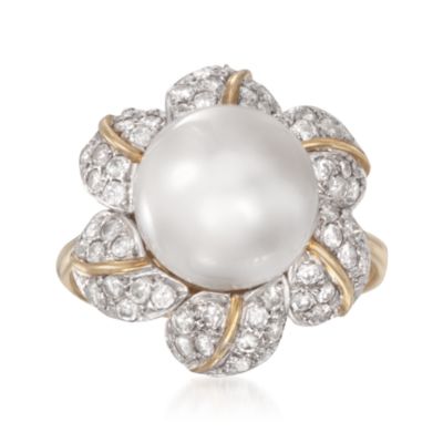 C. 1980 Vintage 12mm Cultured Pearl and .85 ct. t.w. Diamond Ring in 18kt Yellow Gold. Size 9 &mdash; Alt Image 1