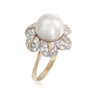 C. 1980 Vintage 12mm Cultured Pearl and .85 ct. t.w. Diamond Ring in 18kt Yellow Gold. Size 9 &mdash; Alt Image 3