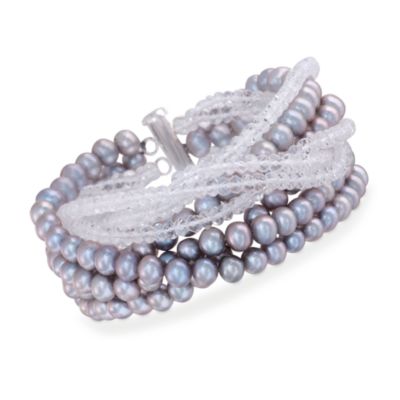 Gray Pearl and Rock Crystal Bead Bracelet in Sterling Silver. 7" &mdash; Alt Image 1