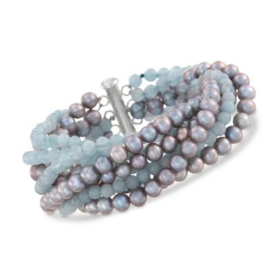 Eight-Strand Milky Aquamarine and Gray Pearl Bracelet in Sterling Silver &mdash; Alt Image 1