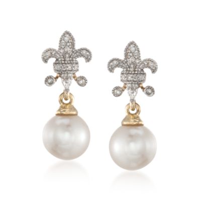 Pearl Fleur-De-Lis Earrings in 14kt Yellow Gold &mdash; Alt Image 1