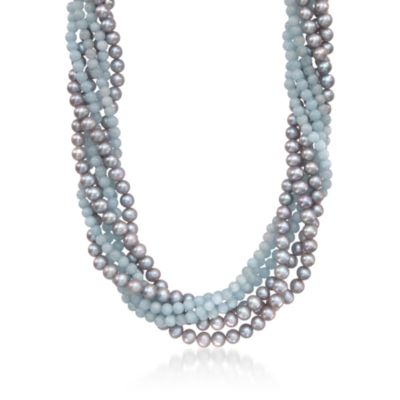Milky Aquamarine and Gray Pearl Torsade Necklace. 20" &mdash; Alt Image 1