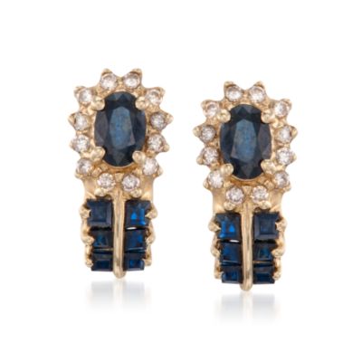C.1980 Vintage 1.60 ct t.w. Sapphire and .33 ct. t.w. Diamond Earrings In 14kt Yellow Gold &mdash; Alt Image 1