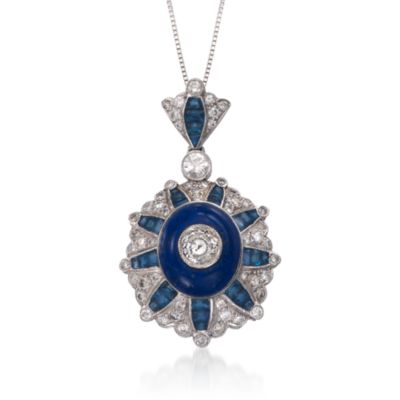 C. 1990 Vintage Sapphire and Diamond Pendant Necklace With Lapis in 14kt White Gold. 18" &mdash; Alt Image 1