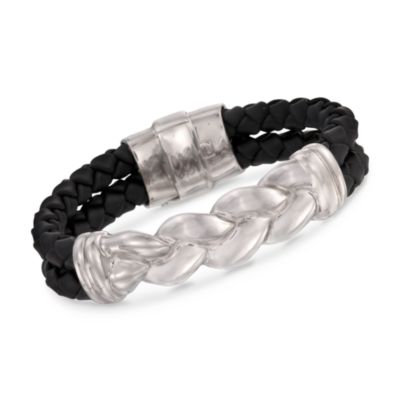 Italian Black Rubber Bracelet in Sterling Silver &mdash; Alt Image 1
