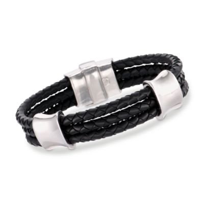 Braided Black Bracelet With Sterling Silver Stations. 7" &mdash; Alt Image 1