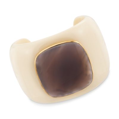 Cream-Colored Bakelite Cuff Bracelet With Grey Agate Top and 18kt Yellow Gold. 8" &mdash; Alt Image 1
