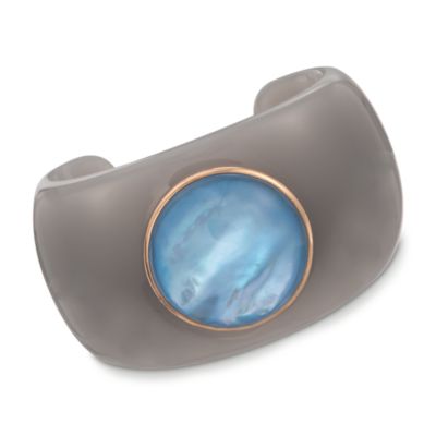 Round Aquamarine Blue Top and Grey Bakelite Cuff Bracelet With 18kt Rose Gold. 7" &mdash; Alt Image 1