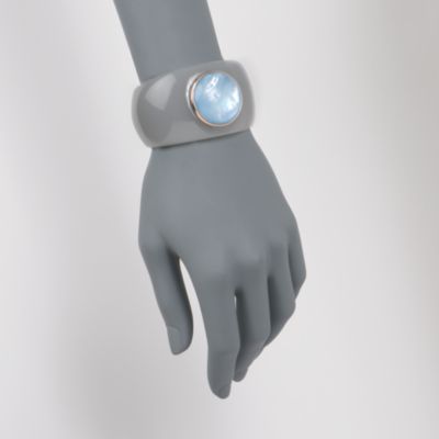 Round Aquamarine Blue Top and Grey Bakelite Cuff Bracelet With 18kt Rose Gold. 7" &mdash; Alt Image 2