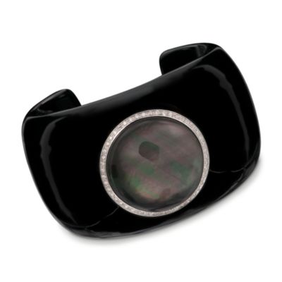 Round Grey Mother-Of-Pearl Top and Black Bakelite Cuff Bracelet With Diamonds and 18kt White Gold. 7" &mdash; Alt Image 1