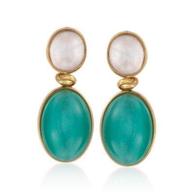 Mother-Of-Pearl and Green Glass Doublet Earrings in 24kt Gold Over Sterling Silver. Clip/Post Earrings &mdash; Alt Image 1