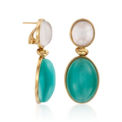 Mother-Of-Pearl and Green Glass Doublet Earrings in 24kt Gold Over Sterling Silver. Clip/Post Earrings &mdash; Alt Image 3
