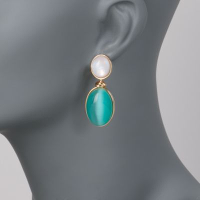 Mother-Of-Pearl and Green Glass Doublet Earrings in 24kt Gold Over Sterling Silver. Clip/Post Earrings &mdash; Alt Image 2