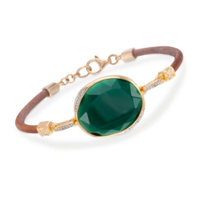 Leather Cord Bracelet With a Green Agate Slice With .10 ct. t.w. Diamonds in 18kt Over Sterling. 7" &mdash; Alt Image 1