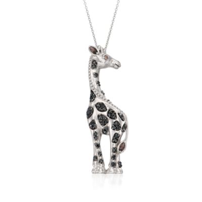 Black Spinel and Smoky Quartz Giraffe Pendant Necklace in Sterling Silver. 18" &mdash; Alt Image 1