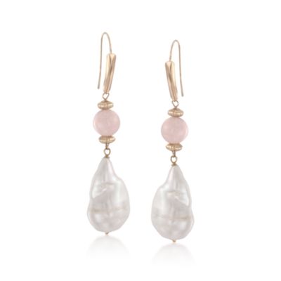 Baroque Pearl and Morganite Drop Earrings in 14kt Yellow Gold &mdash; Alt Image 1