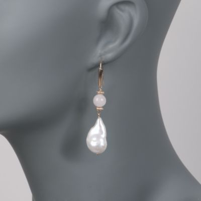 Baroque Pearl and Morganite Drop Earrings in 14kt Yellow Gold &mdash; Alt Image 2