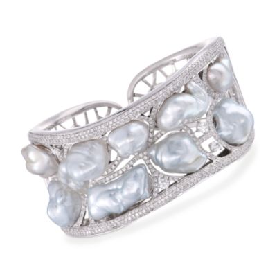 Baroque Pearl and 3.60 ct. t.w. Diamond Cuff Bracelet in 18kt White Gold. 7" &mdash; Alt Image 1