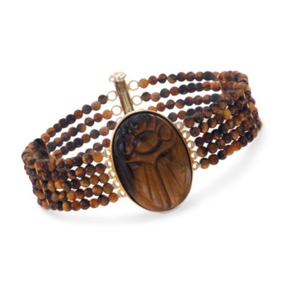 Carved Scarab Tiger's Eye Bead Bracelet in 14kt Over Sterling. 7.5" &mdash; Alt Image 1