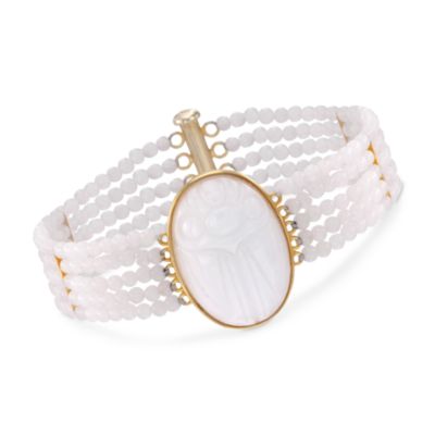 Carved Scarab White Jade Bead Bracelet in 14kt Over Sterling. 7.5" &mdash; Alt Image 1
