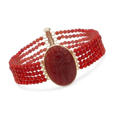 Carved Scarab Red Agate Bead Bracelet in 14kt Over Sterling. 7.5" &mdash; Alt Image 1
