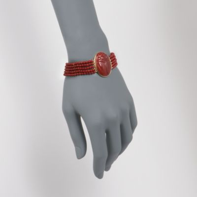 Carved Scarab Red Agate Bead Bracelet in 14kt Over Sterling. 7.5" &mdash; Alt Image 2