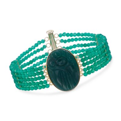 Carved Scarab Green Agate Bead Bracelet in 14kt Over Sterling. 7.5" &mdash; Alt Image 1