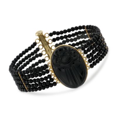 Black Agate Scarab Bead Bracelet in 14kt Gold Over Sterling. 7.5" &mdash; Alt Image 1