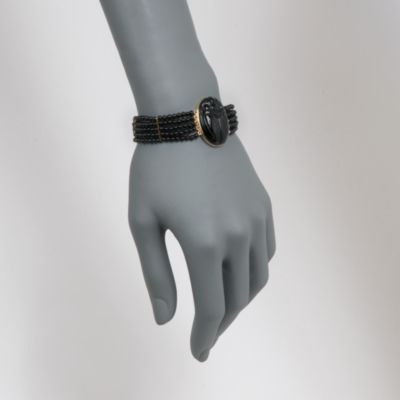 Black Agate Scarab Bead Bracelet in 14kt Gold Over Sterling. 7.5" &mdash; Alt Image 2