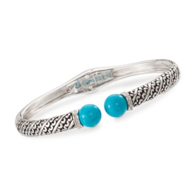 Sterling Silver Bali Style Bangle With Turquoise and Diamonds. 7" &mdash; Alt Image 1