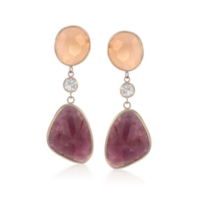 Peach Moonstone and 15.00 ct. t.w. Pink Sapphire Slice Earrings With 3.50 ct. t.w. White Topaz in 14kt Yellow Gold &mdash; Alt Image 1