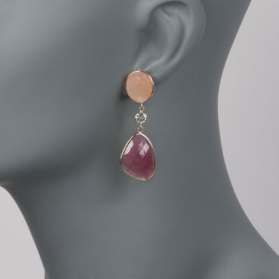 Peach Moonstone and 15.00 ct. t.w. Pink Sapphire Slice Earrings With 3.50 ct. t.w. White Topaz in 14kt Yellow Gold &mdash; Alt Image 2
