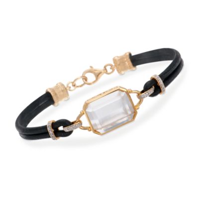 5.50 Carat Rock Crystal and .10 ct. t.w. Diamond Black Leather Bracelet in 18kt Over Sterling. 7" &mdash; Alt Image 1