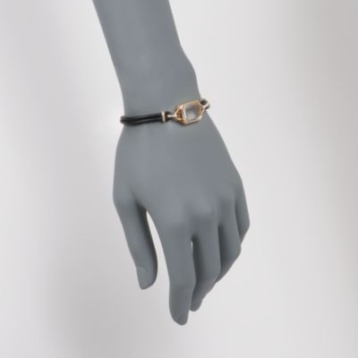5.50 Carat Rock Crystal and .10 ct. t.w. Diamond Black Leather Bracelet in 18kt Over Sterling. 7" &mdash; Alt Image 2