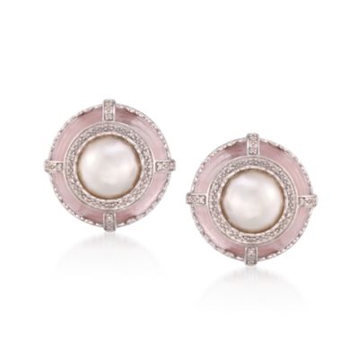 9.5-10mm Mabe Pearl and Rose Quartz Earrings With .10 ct. t.w. Diamonds in Sterling Silver &mdash; Alt Image 1