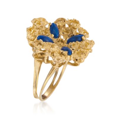 C. 1990 Vintage 18kt Yellow Gold Floral Ring With Lapis. Size 6.5 &mdash; Alt Image 3