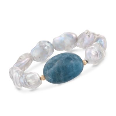 Baroque Pearl and Milky Aquamarine Bracelet in 14kt Yellow Gold. Adjustable Size &mdash; Alt Image 1