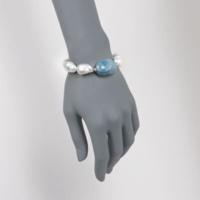 Baroque Pearl and Milky Aquamarine Bracelet in 14kt Yellow Gold. Adjustable Size &mdash; Alt Image 2