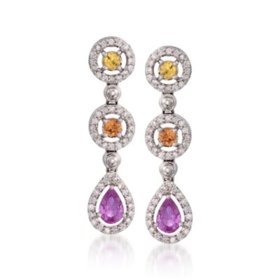 1.70 ct. t.w. Multicolored Sapphire and 1.00 ct. t.w. Diamond Dangle Earrings In 14kt White Gold &mdash; Alt Image 1