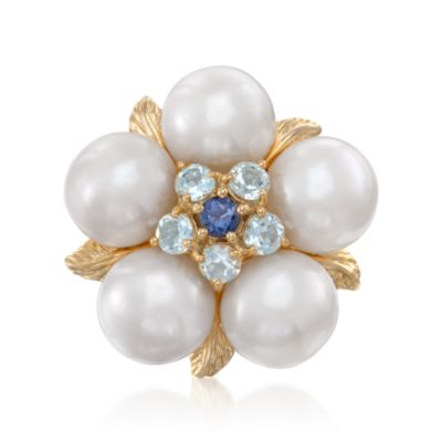 10.5-11mm Pearl and 1.60 ct. t.w. Multi-Gemstone Flower Ring in 18kt Over Sterling &mdash; Alt Image 1